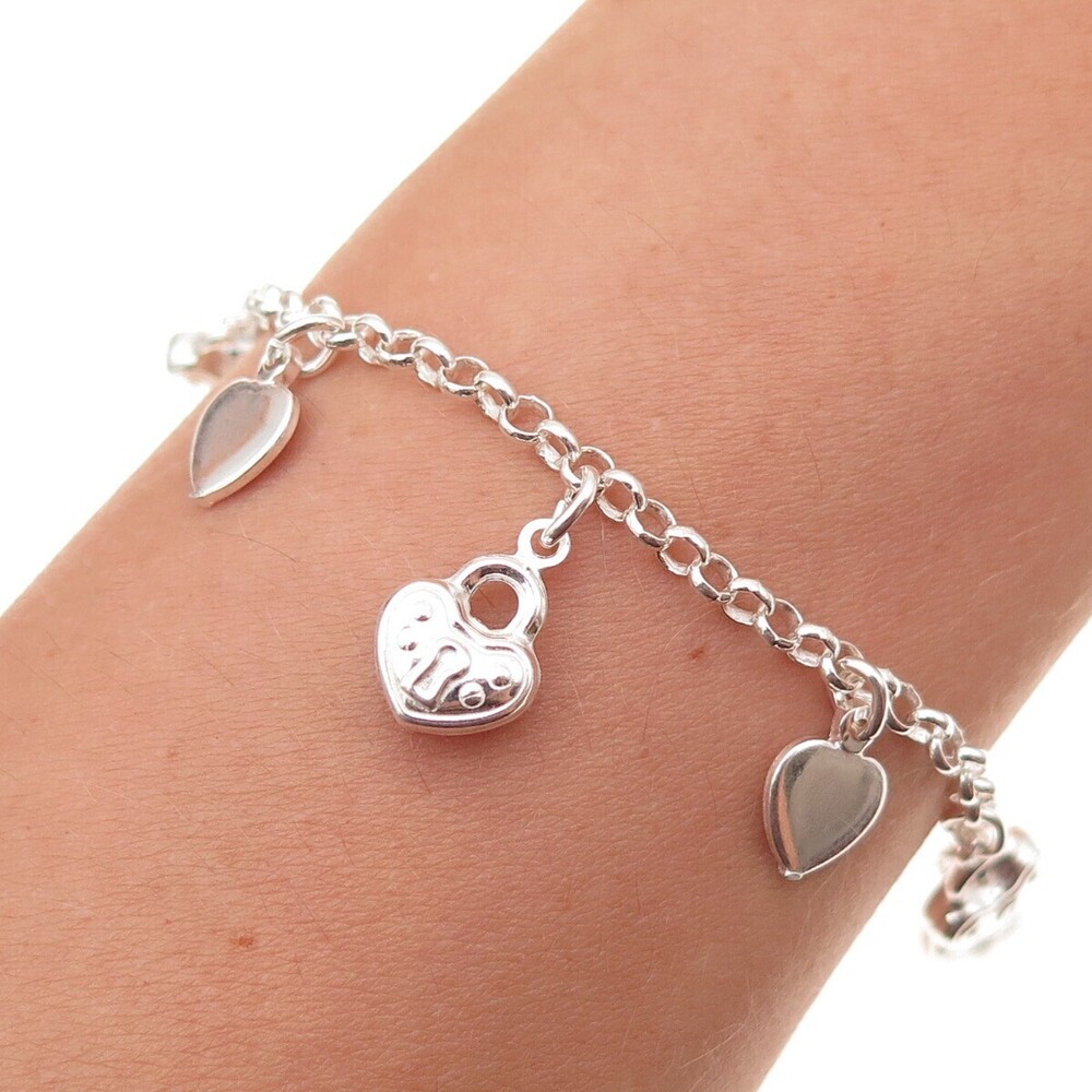 925 Sterling Silver Italy Heart Lock Dangle Charm Bracelet 6.75"